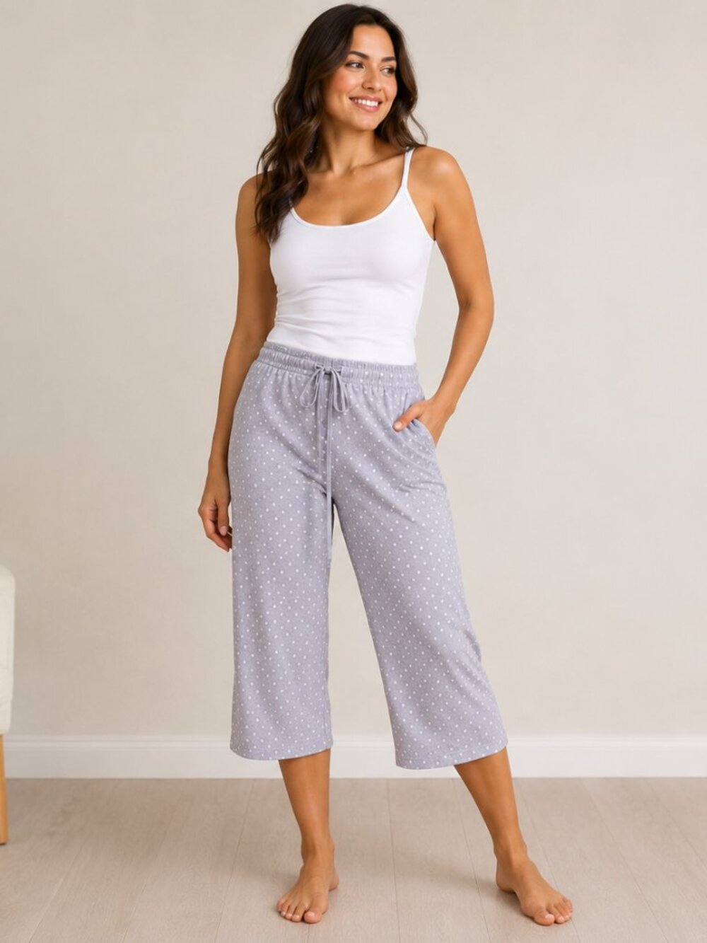 La Senza Pajama Pants Women's Medium Gray White Polka Dot Lounge Sleep Capri